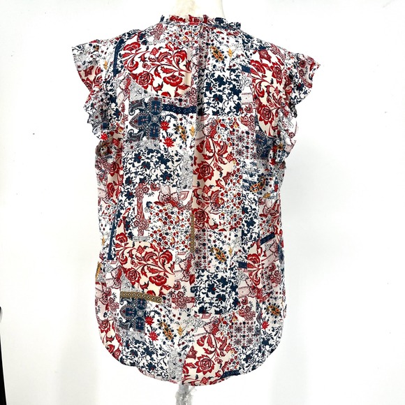 daniel rainn Womens Sleeveless Blouse XL Red Blue Floral Ruffle Sleeve V Neck - Picture 3 of 7
